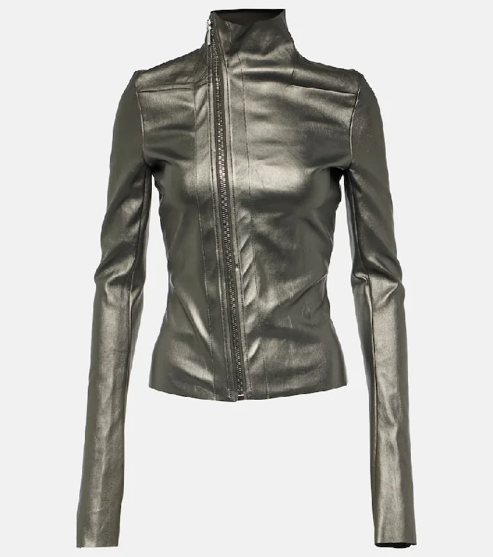 Rick Owens Metallic leather and cotton jacket Welt Pockets Slit Pockets Flap Pockets Rick Owens Metallic leather and cotton jacket Welt Pockets Slit Pockets Flap Pockets