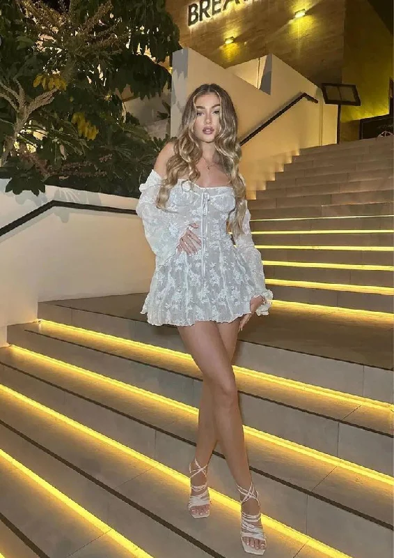 White Off Shoulder Long Sleeves A-Line Short Party Dress Birthday Outfits, DP3219 Tunics Polka dots White Off Shoulder Long Sleeves A-Line Short Party Dress Birthday Outfits, DP3219 Tunics Polka dots