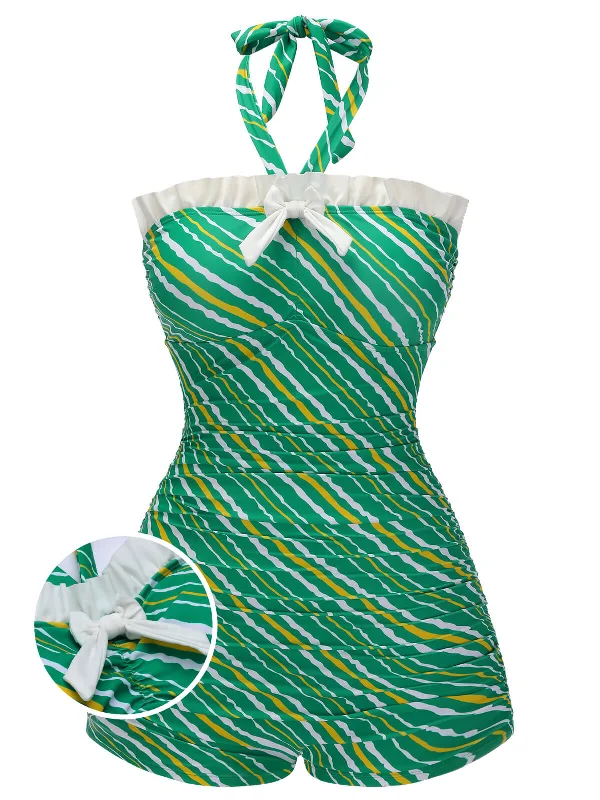 Green 1930s Stripe Off-Shoulder Halter Swimsuit Vintage Swimwear Look