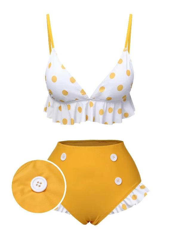 Yellow 1940s Polka Dot Ruffle Swimsuit Trendy Swimwear Set