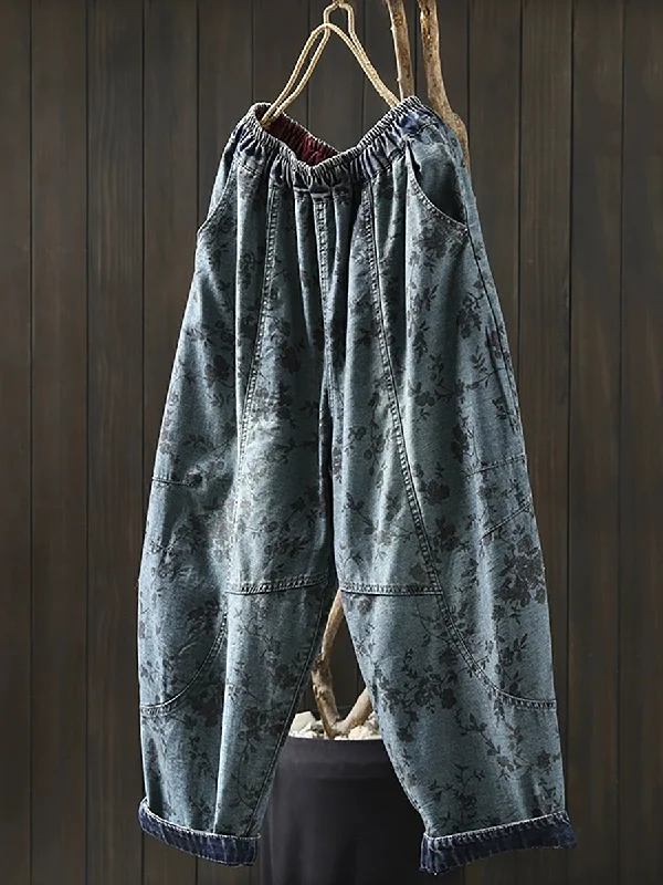 Women Spring Retro Flower Denim Harem Pants Cozy Full-Length Pants