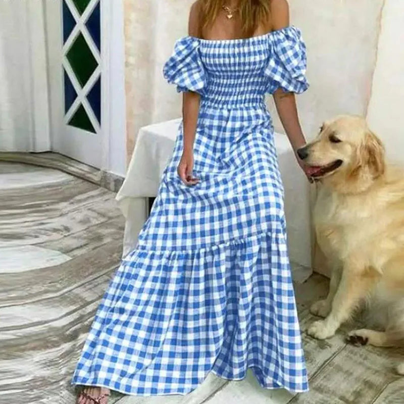 Advbridge - Fashion Square Neck Puff Short Sleeve Long Dress Women Elegant Plaid Print Pleated Robe Dress 2024 Casual High Waist Party Dress Tunics Mesh breathable Advbridge - Fashion Square Neck Puff Short Sleeve Long Dress Women Elegant Plaid Print Pleated Robe Dress 2024 Casual High Waist Party Dress Tunics Mesh breathable