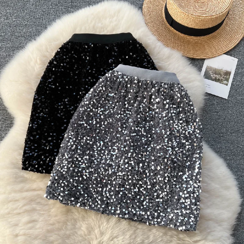 High-waist sequin skirt for women's spring and autumn new style wrap hip skirt umbrella skirt zip skirt side High-waist sequin skirt for women's spring and autumn new style wrap hip skirt umbrella skirt zip skirt side