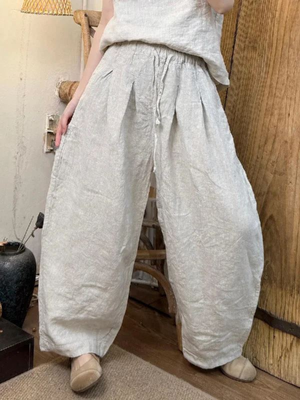 Women Vintage Spring Pure Color Wide-leg Linen Pants Elegant Palazzo Trousers