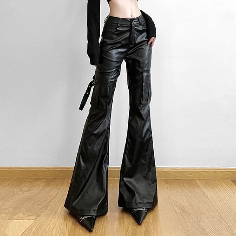 Fashion High Waist Slim PU Leather Flared Pants Formal Wide-Leg Pants
