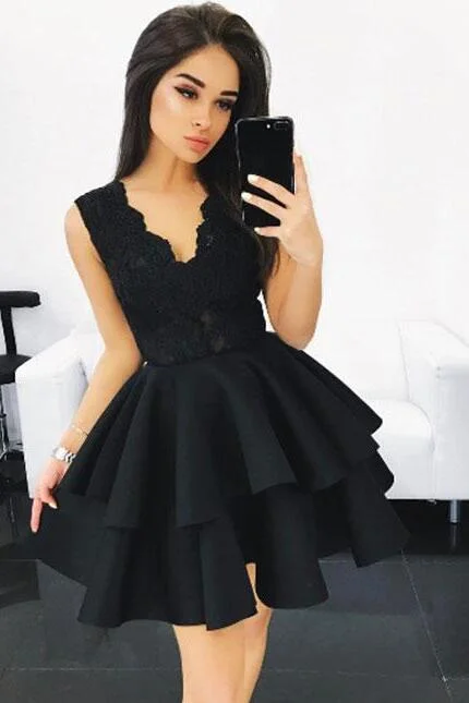 Lace V-neck Bodice Black Homecoming Gown with Tiered Skirt leather skirt durable