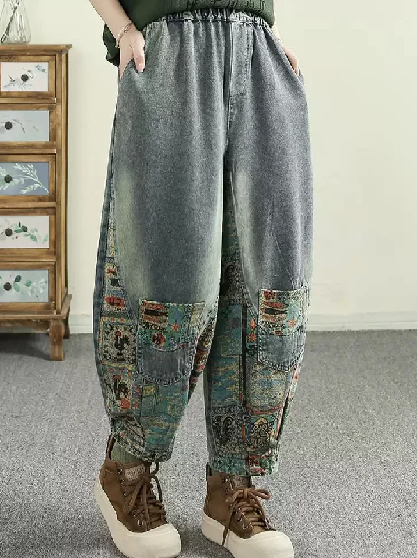 Women Spring Retro Patch Spliced Harem Denim Pants Soft Cotton Pants
