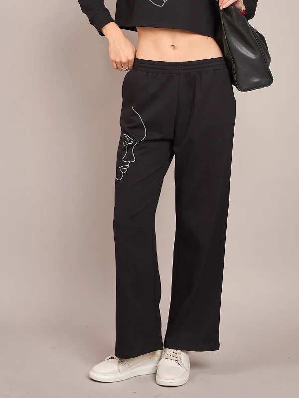 Women Black Terry Line Art Track Pants Relaxed Lounge Trousers