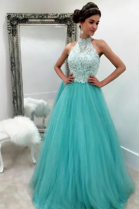 Lace High Neck Evening Gown with Mint Green Tulle Skirt wool skirt thick