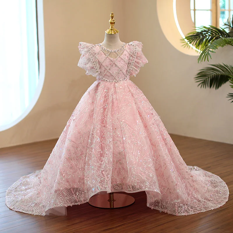 Flower Girl Dress Little Girl Communion Dress Summer Pink Trailing Sequin Princess Party Dress Tunics Handmade artisanal Flower Girl Dress Little Girl Communion Dress Summer Pink Trailing Sequin Princess Party Dress Tunics Handmade artisanal