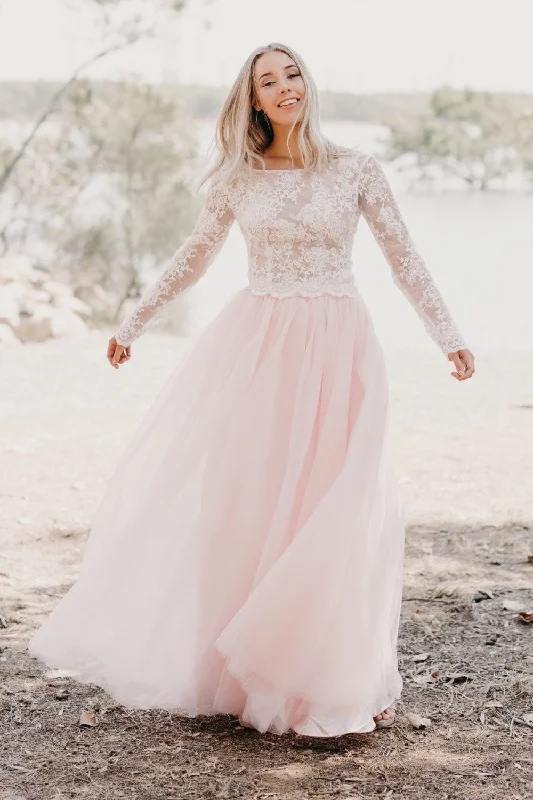 Ivory Lace Long-sleeved Wedding Gown Light Pink Tulle Skirt leather skirt modern