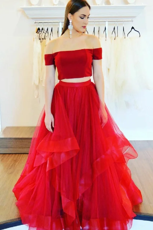 Red Satin Two Piece Prom Gown with Ruffles Horsehair Skirt linen skirt light