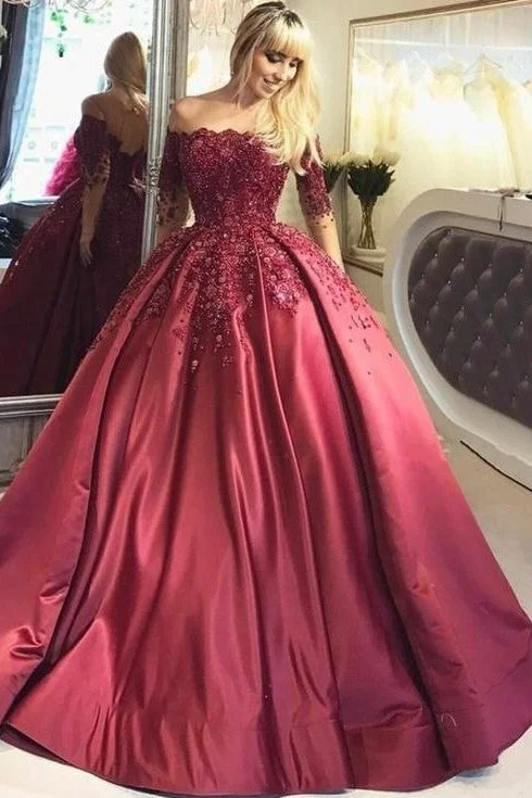 Illusion Long-Sleeve Burgundy Evening Ball Gown Beaded Skirt silk skirt elegant