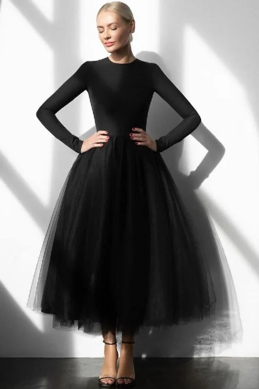Modest Black Long Sleeve Prom Gown Tulle Skirt spandex blend skirt