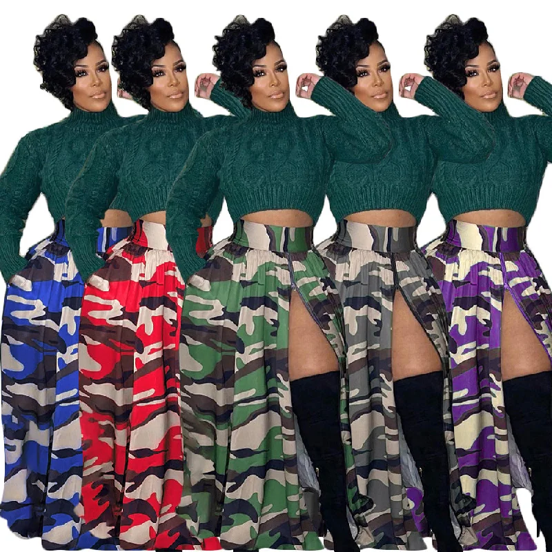 BR3092 New women's casual camouflage printed zipper split elastic waist skirt button skirt front BR3092 New women's casual camouflage printed zipper split elastic waist skirt button skirt front