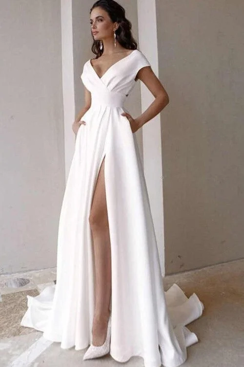 V-neck Capped Sleeves Wedding Gown with Flying Satin Skirt floral skirt print