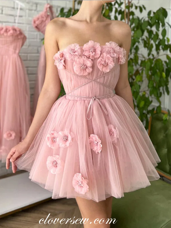 Handmade Flowers Pink Tulle Strapless Short Party Dresses, CP1012 Tunics Hiking breathable Handmade Flowers Pink Tulle Strapless Short Party Dresses, CP1012 Tunics Hiking breathable