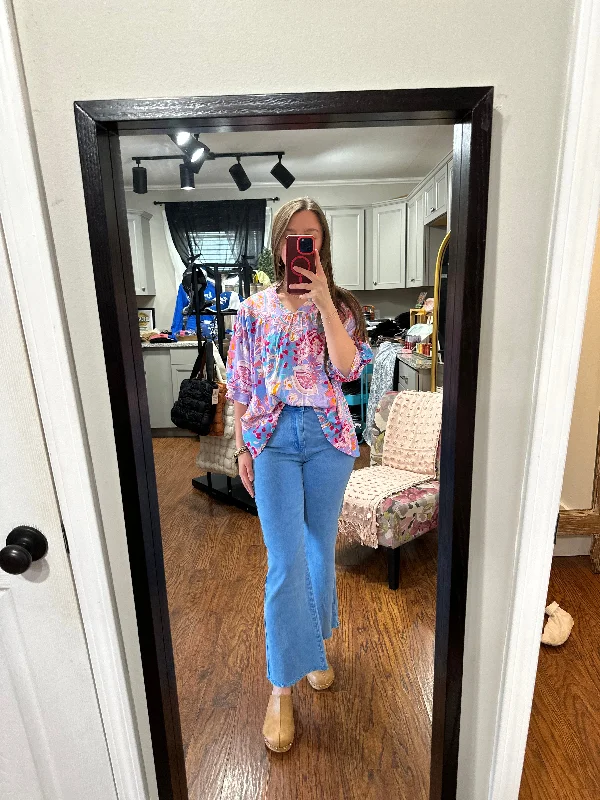 OCEAN BLUE ACID WASHED HIGH WAIST FRAYED HEM BOOTCUT PANTS Casual Yoga Pants