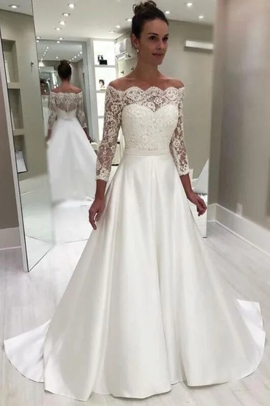 Off-the-shoulder Lace Sleeve Wedding Gown with Satin Skirt belted skirt waist