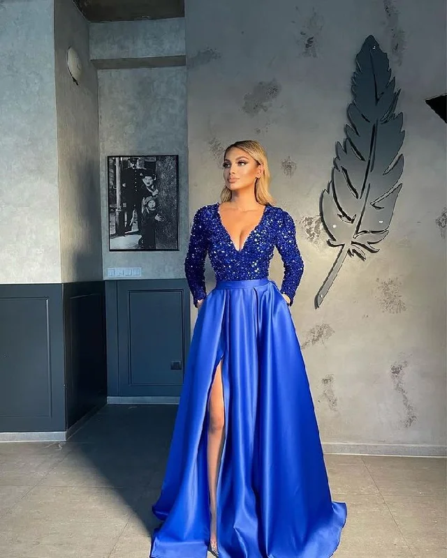 Royal Blue Long Sleeves Sequins Long Prom Dresses A-line Evening Party Dresses with Slit,DP539 Tunics Versatile functional Royal Blue Long Sleeves Sequins Long Prom Dresses A-line Evening Party Dresses with Slit,DP539 Tunics Versatile functional