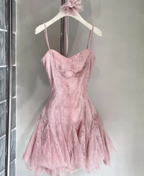 Pink Straps A-Line Lace Short Party Dress Homecoming Dress, DP3192 Tunics Leisure comfortable Pink Straps A-Line Lace Short Party Dress Homecoming Dress, DP3192 Tunics Leisure comfortable
