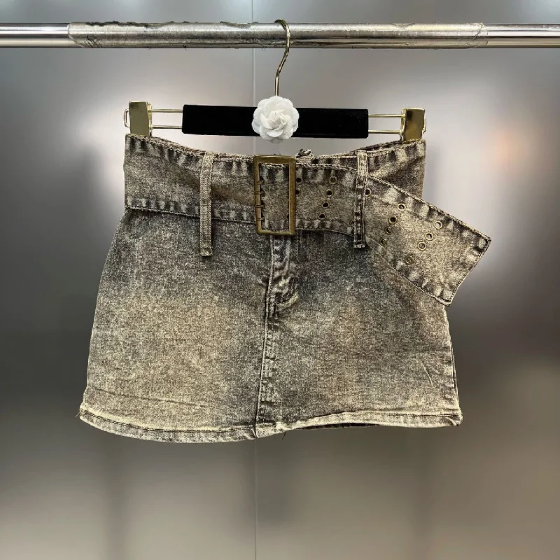 OUDINA Y2K Wholesale Stylish Belt Decorated Short Irregular Denim Mini Skirt For Women Vintage Ladies Skirts leather skirt bold OUDINA Y2K Wholesale Stylish Belt Decorated Short Irregular Denim Mini Skirt For Women Vintage Ladies Skirts leather skirt bold