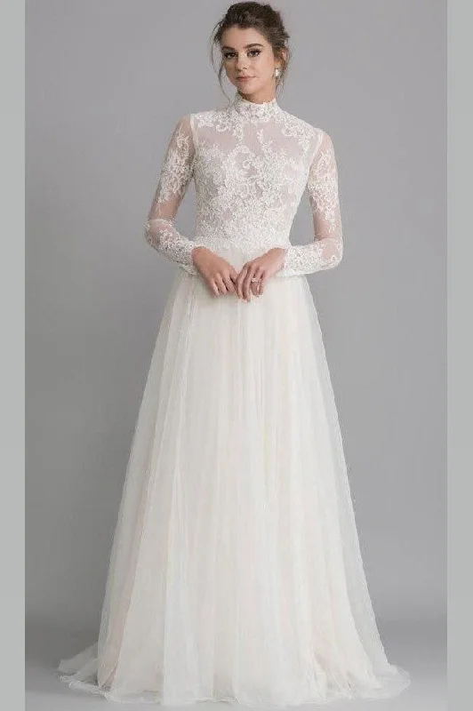 See-through High Neck Wedding Gown Lace Long Sleeves Tulle Skirt silk skirt sleek