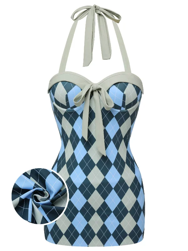 Blue Gray 1950s Argyle Halter One-Piece Swimsuit Soft Beachwear Set