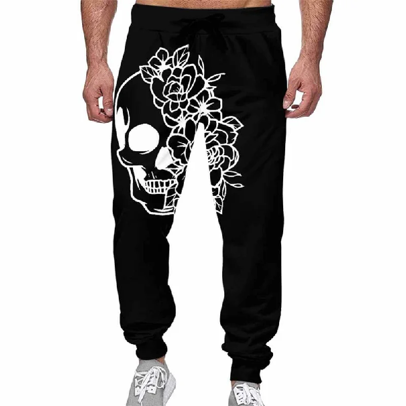 Skull Flower Print Casual Elastic Drawstring Pants Elegant Dress Pants