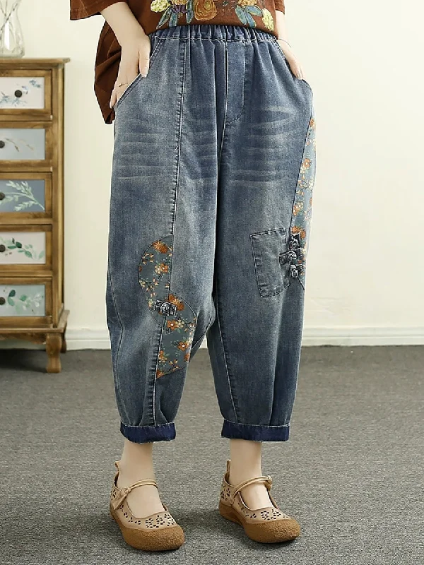 Women Spring Artsy Denim Flower Print Harem Pants Casual Skinny Fit Pants