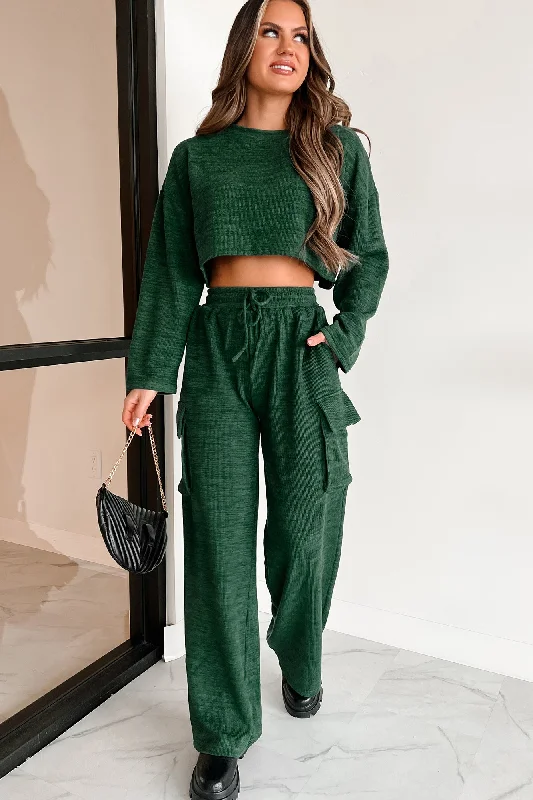 Big On Comfort Wide Leg Knit Cargo Pants (Green) Comfortable Fleece Pants