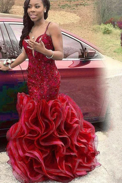 Red Lace Mermaid Style Prom Gown Ruffles Skirt vestido de fiesta de graduación wool skirt sturdy