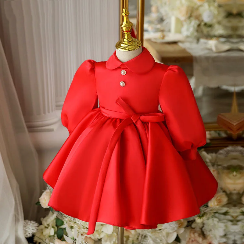 Baby Girl Birthday Party Dress Red Doll Collar  Princess Dress Tunics Trendy modern