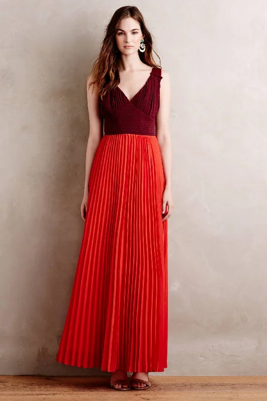 Contrast Color Long Evening Gowns with Pleated Chiffon Skirt a-line skirt cut