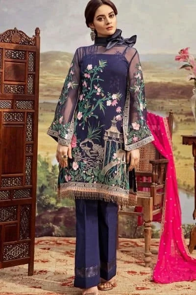 Asian Party Dress in Dark Blue Color Model# C 1758 Tunics Bridal satin