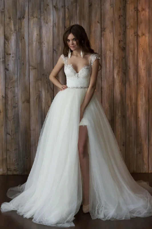 Queen Anne Beaded Lace Bridal Gown with Removable Tulle Skirt leather skirt bold