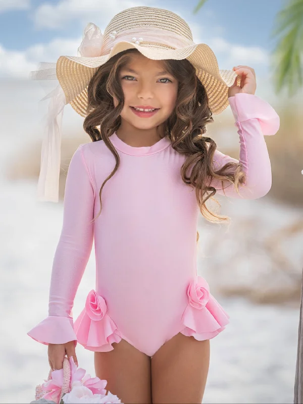 Rose Petal Rash Guard One-Piece Swimsuit Sleek Mesh Bikini