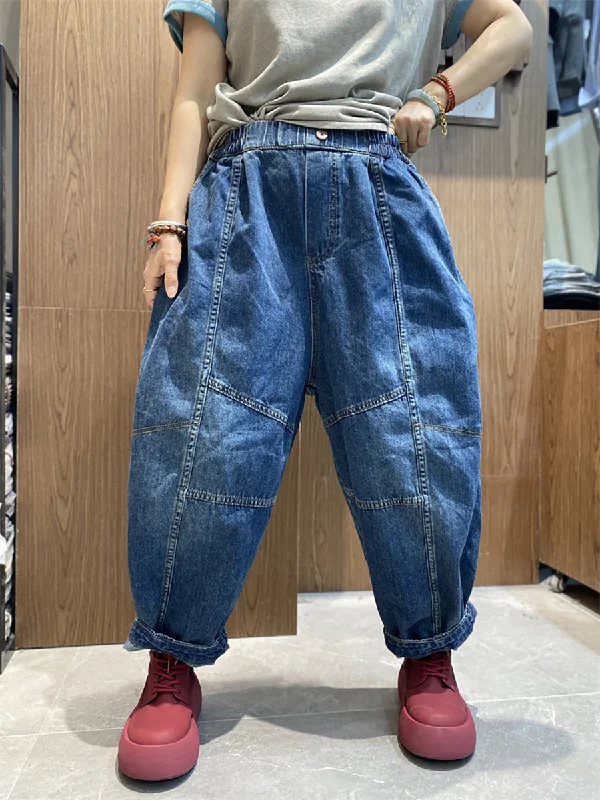 Women Vinage Pure Color Denim Spliced Harem Pants Elegant Dress Pants