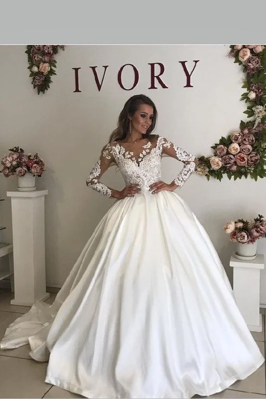 Sheer Long Sleeves Lace Wedding Gown Satin Skirt leather skirt durable