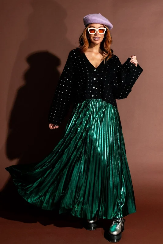 Metallic Pleated Midi Skirt in Emerald Green lace skirt intricate