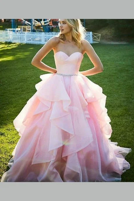 Sweetheart Pink Prom Ball Gown with Ruffles Organza Skirt athletic skirt fit