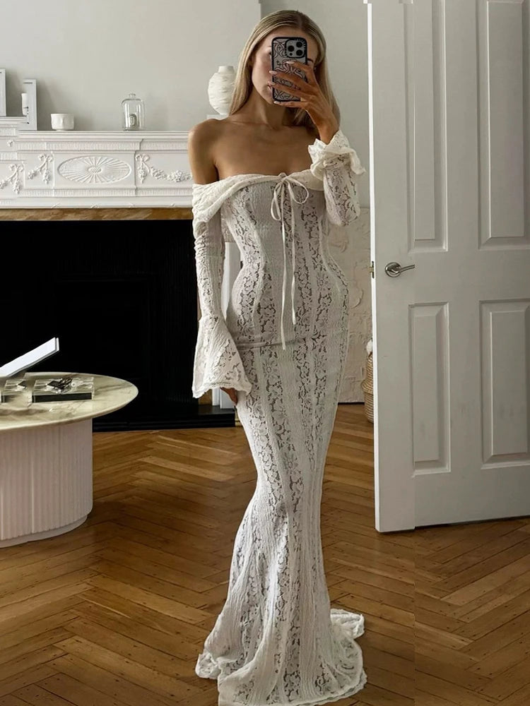 Advbridge Autumn Lace Off-Shoulder Long Dress For Women See-Through Printed Lace-Up High Waist Luxury Female Elegant Party Dress New Tunics Custom made Advbridge Autumn Lace Off-Shoulder Long Dress For Women See-Through Printed Lace-Up High Waist Luxury Female Elegant Party Dress New Tunics Custom made