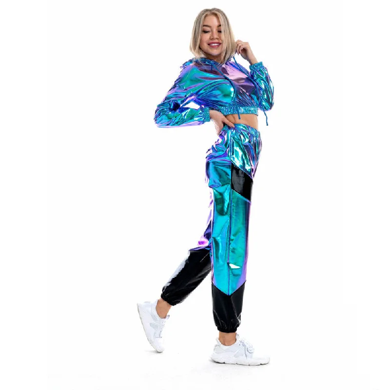 Patent Leather Laser Sexy Exposed Navel Crop Hoodie Colorblock Pants Set Trendy Tapered Pants