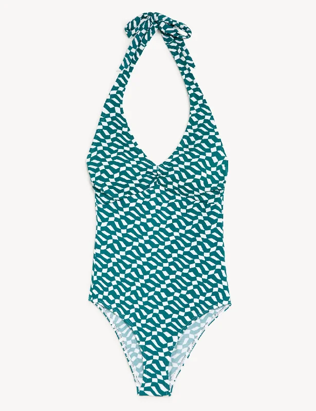 Printed Halterneck Swimsuit Color-Block Bikini