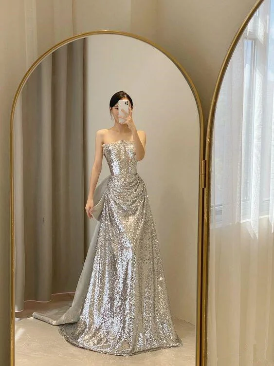 Sliver Sequined Strapless A-Line Long Party Dress Birthday Dress, DP2943 Tunics Top rated Sliver Sequined Strapless A-Line Long Party Dress Birthday Dress, DP2943 Tunics Top rated