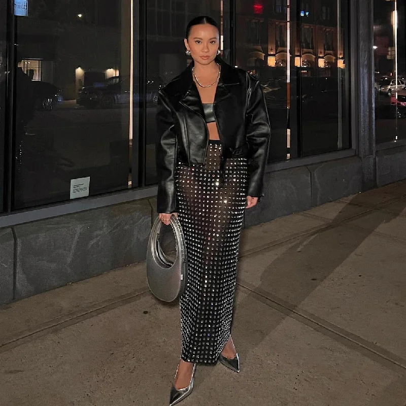 Black Rivet Skirt Suit Yagao Street Party Suit Suit high slit skirt