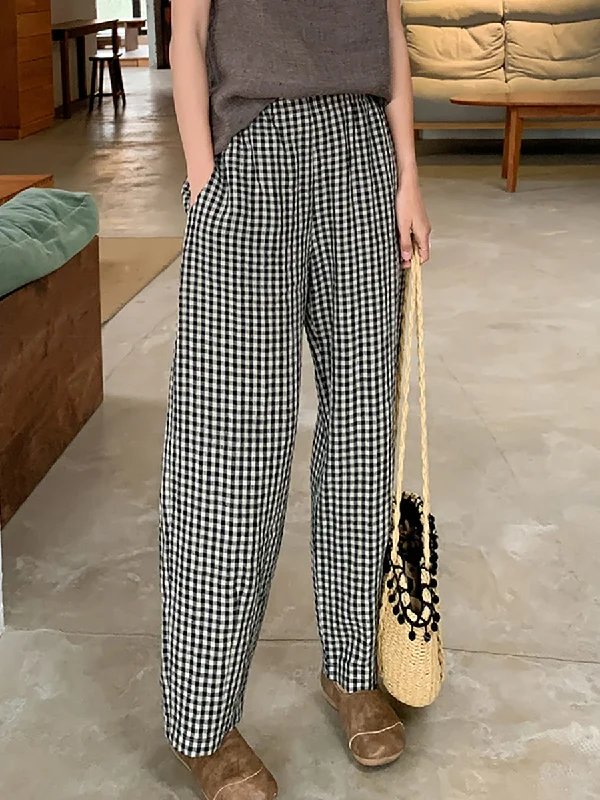 Women Vintage Summer Plaid Straight 100%Linen Pants Chic Checkered Pants
