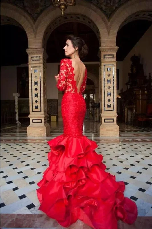 Red Lace Long Sleeves Mermaid Evening Gown with Ruffles Skirt chiffon skirt floaty