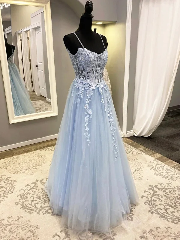 Blue Spaghetti Strap Tulle Lace Long Prom Dress , Lace Blue A-Line Formal Evening Party Dress Tunics Sophisticated sleek Blue Spaghetti Strap Tulle Lace Long Prom Dress , Lace Blue A-Line Formal Evening Party Dress Tunics Sophisticated sleek